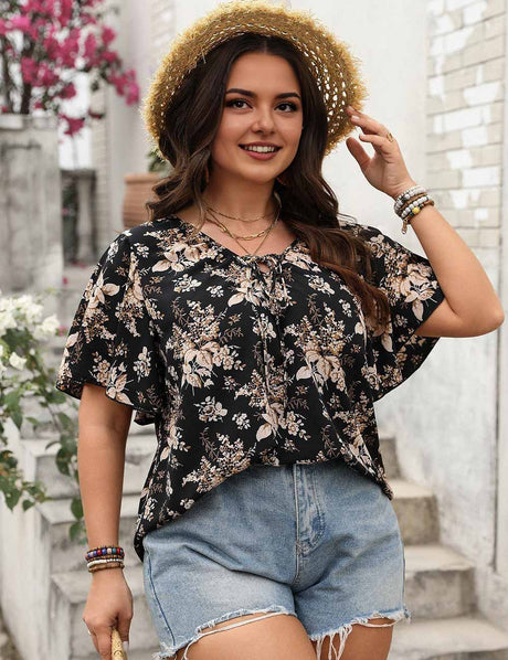 Black Plus Size Floral Front Tie Loose Blouse
