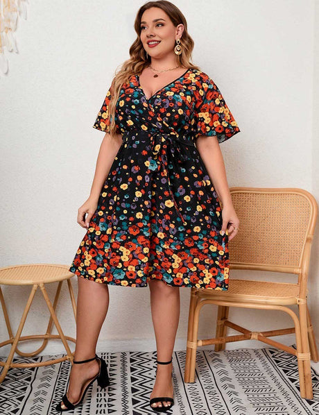 Plus Size Vintage Floral V-Neck Tie Waist Midi Dress