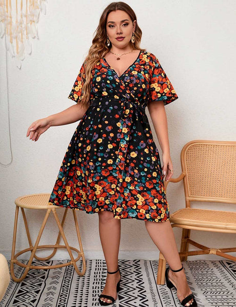 Plus Size Black Floral V-Neck A-Line Midi Dress