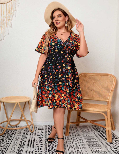 Plus Size Boho Floral V-Neck Short Sleeve Dress