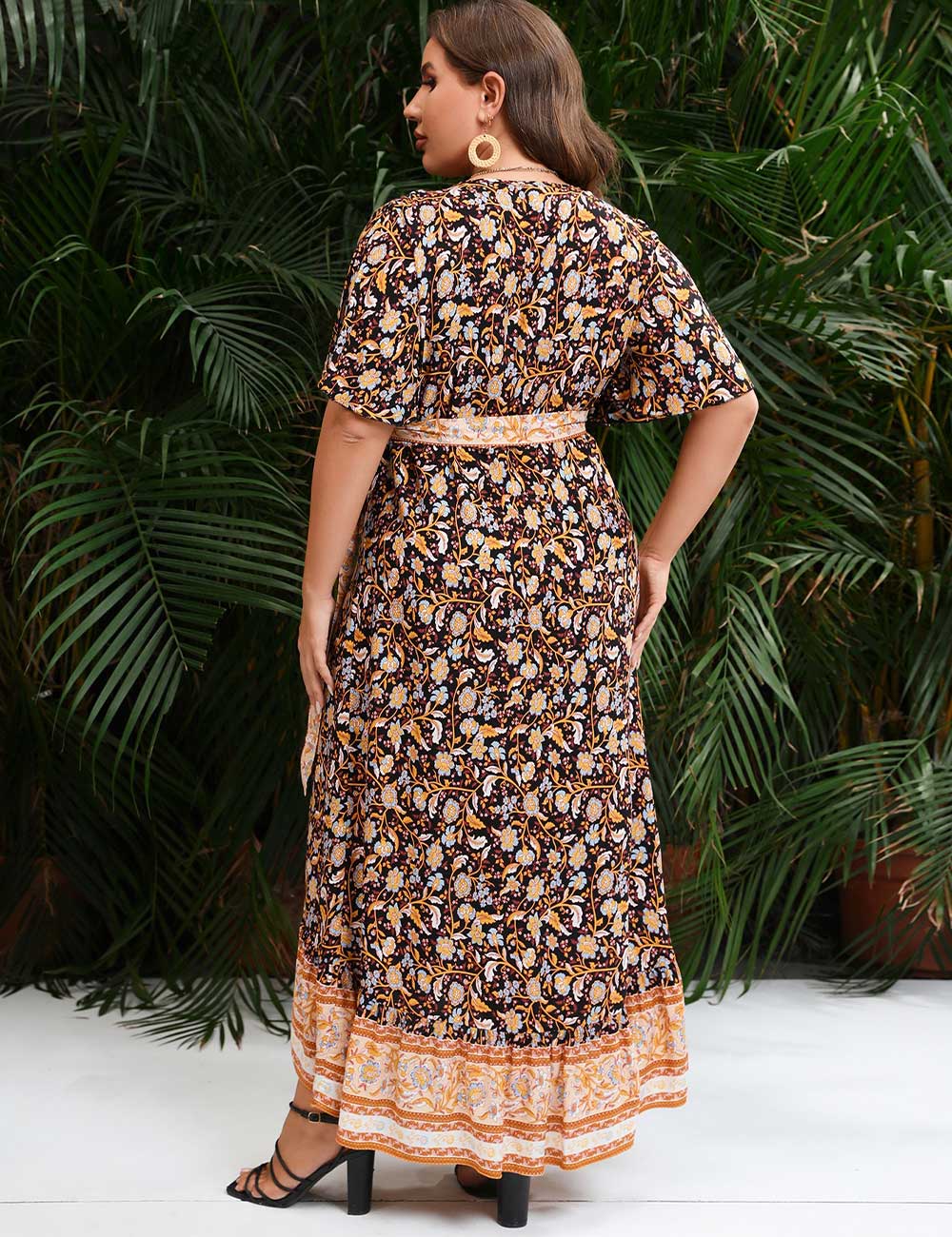 Plus Size Boho Floral V-Neck Wrap Split Dress Back View