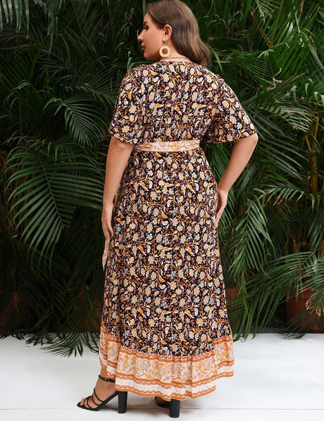Plus Size Boho Floral V-Neck Wrap Split Dress Back View