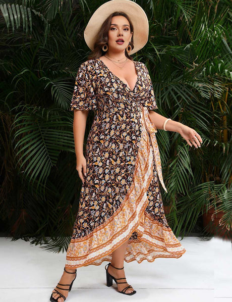 Plus Size Boho Floral V-Neck Short Sleeve Wrap Maxi Dress
