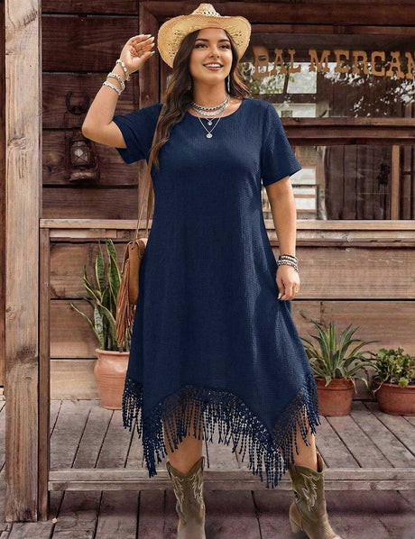 Plus Size Boho Fringe Hem Short Sleeve Midi Dress