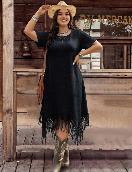Plus Size Black Boho Fringe Hem Short Sleeve Midi Dress