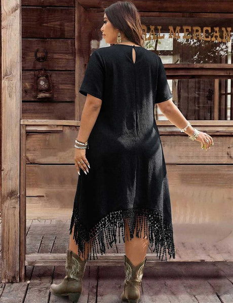 Plus Size Black Boho Fringe Hem Short Sleeve Dress
