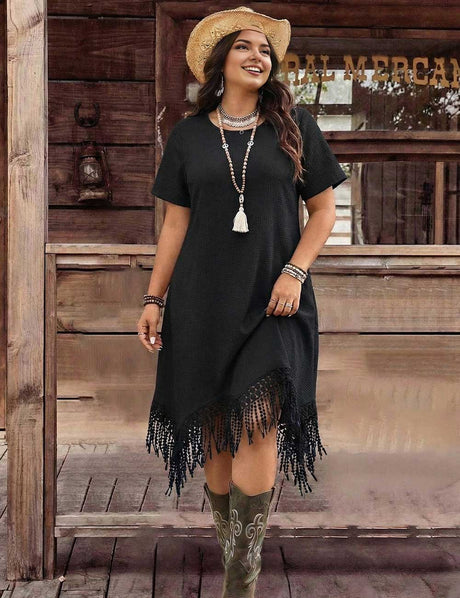 Plus Size Black Boho Short Sleeve Fringe Hem Dress
