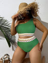 Women Plus Size Boho High Waist One Shoulder Ribbed Bikini - PRUSES
