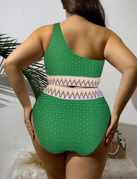 Women Plus Size Boho High Waist One Shoulder Ribbed Bikini - PRUSES