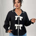 Women Plus Size Bow Decor Ruffle Hem Long Sleeve Shirt - PRUSES