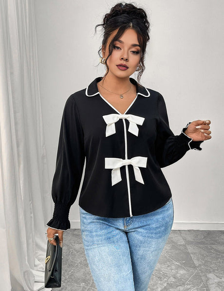 Women Plus Size Bow Decor Ruffle Hem Long Sleeve Shirt - PRUSES