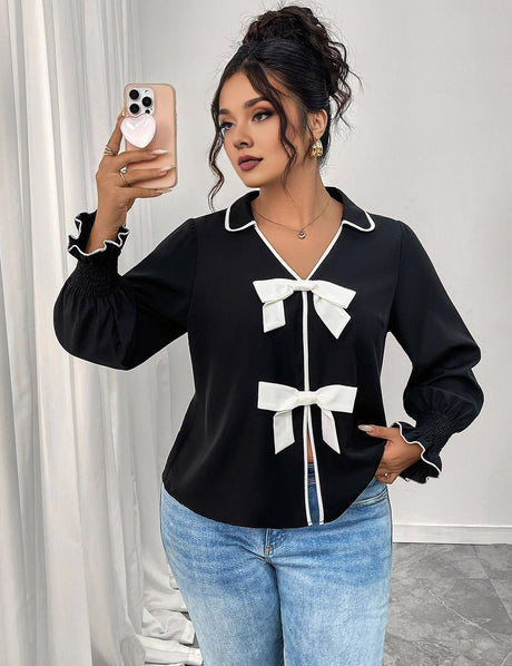 Women Plus Size Bow Decor Ruffle Hem Long Sleeve Shirt - PRUSES