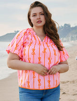 Women Plus Size Bowknot Print V Neck Puff Sleeve Blouse | PRUSES - PRUSES