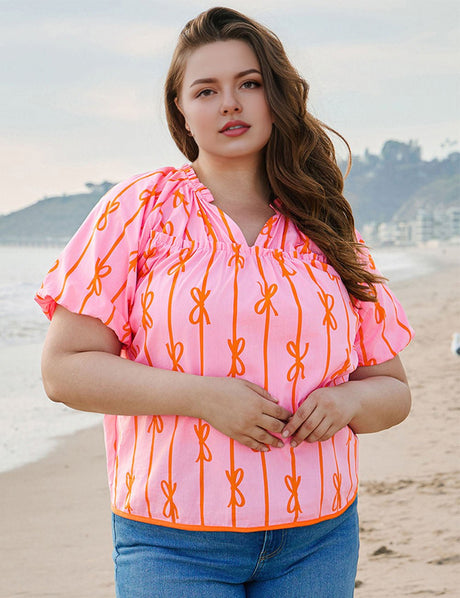 Women Plus Size Bowknot Print V Neck Puff Sleeve Blouse | PRUSES - PRUSES