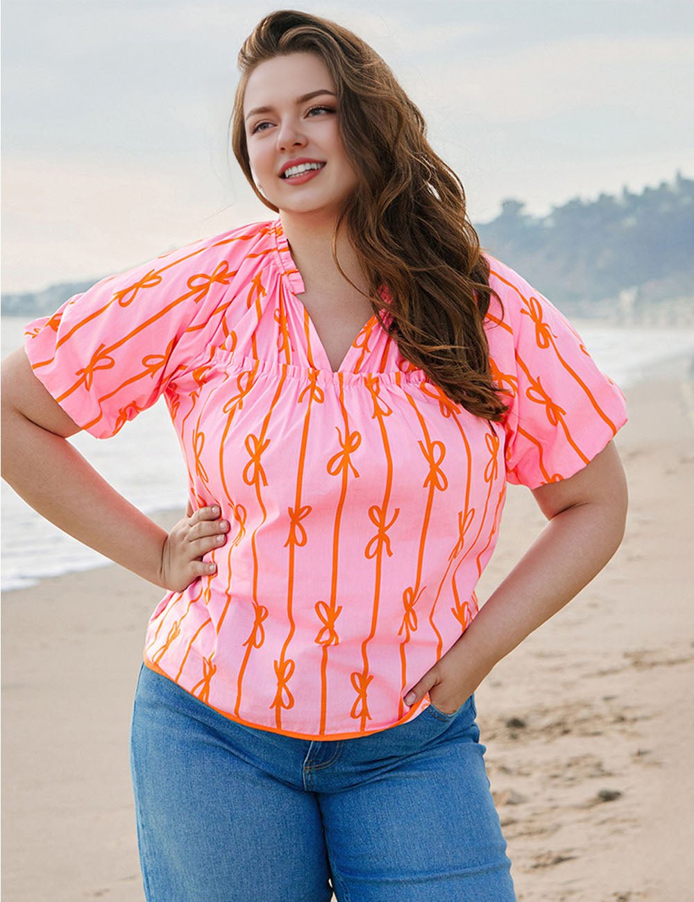 Women Plus Size Bowknot Print V Neck Puff Sleeve Blouse | PRUSES - PRUSES