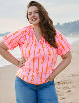 Women Plus Size Bowknot Print V Neck Puff Sleeve Blouse | PRUSES - PRUSES