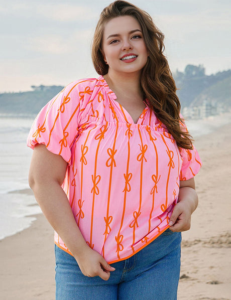Women Plus Size Bowknot Print V Neck Puff Sleeve Blouse | PRUSES - PRUSES