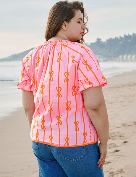 Women Plus Size Bowknot Print V Neck Puff Sleeve Blouse | PRUSES - PRUSES