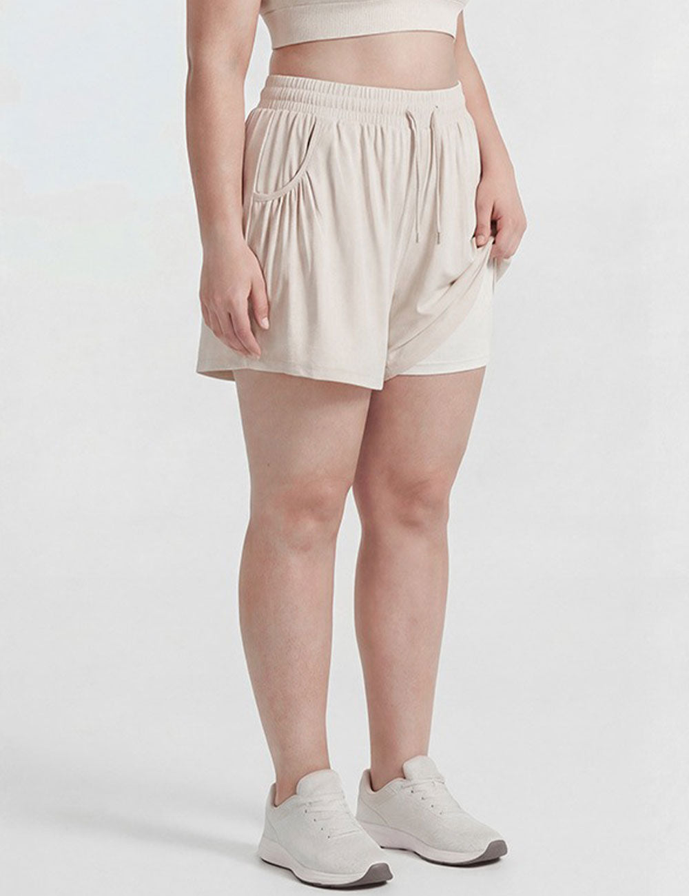 Women Plus Size Creamy White Breathable Workout Shorts Loose Yoga Shorts Side View