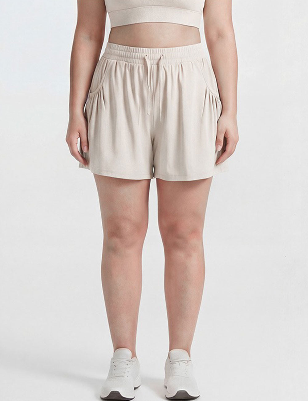 Women Plus Size Creamy White Breathable Workout Shorts Loose Yoga Shorts-Front View