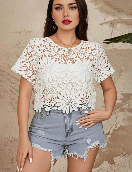 Women Plus Size Breezaya Floral Guipure Lace Crop Top | PRUSES - PRUSES