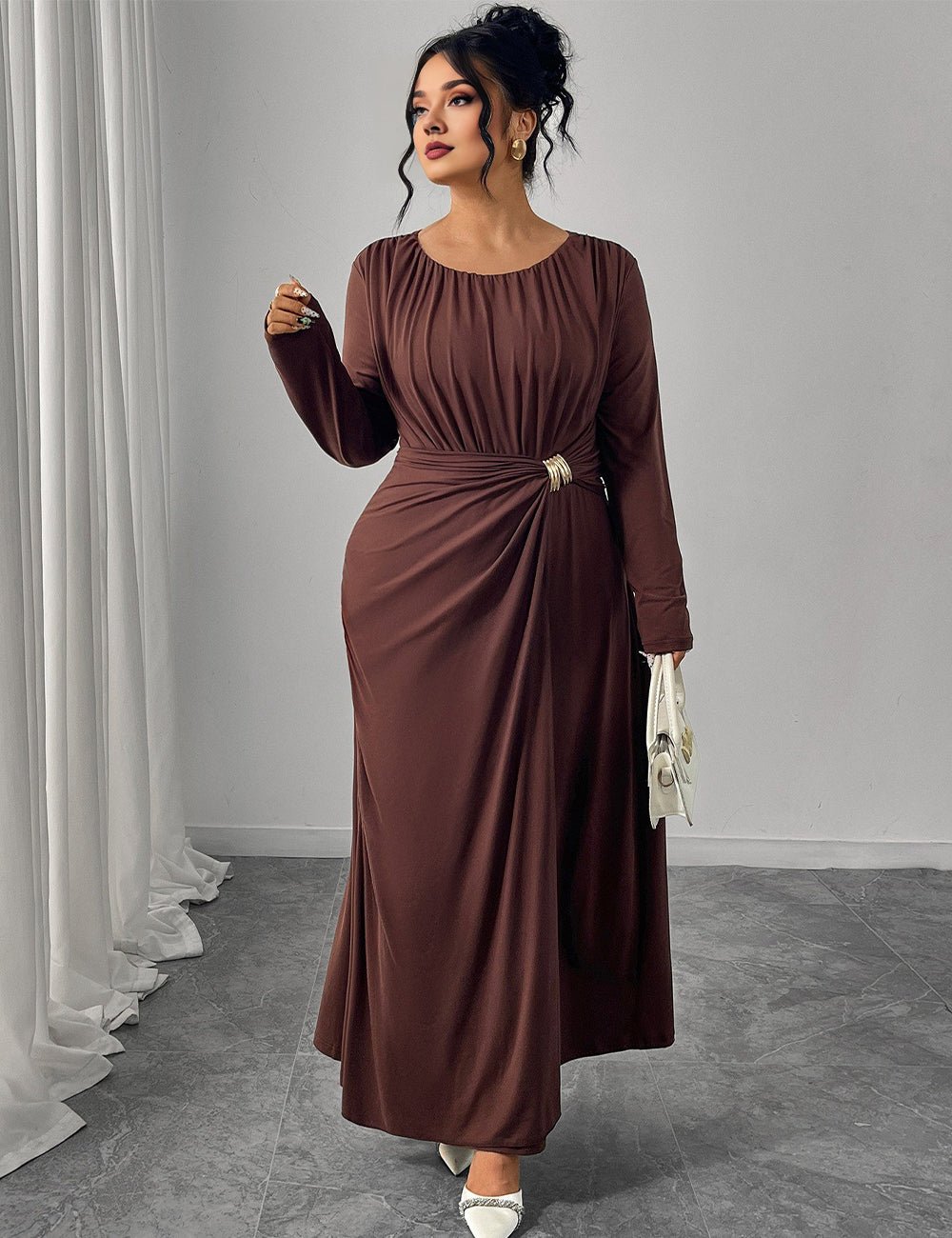 Women Plus Size Brown Twist Ruched Maxi Dress - PRUSES