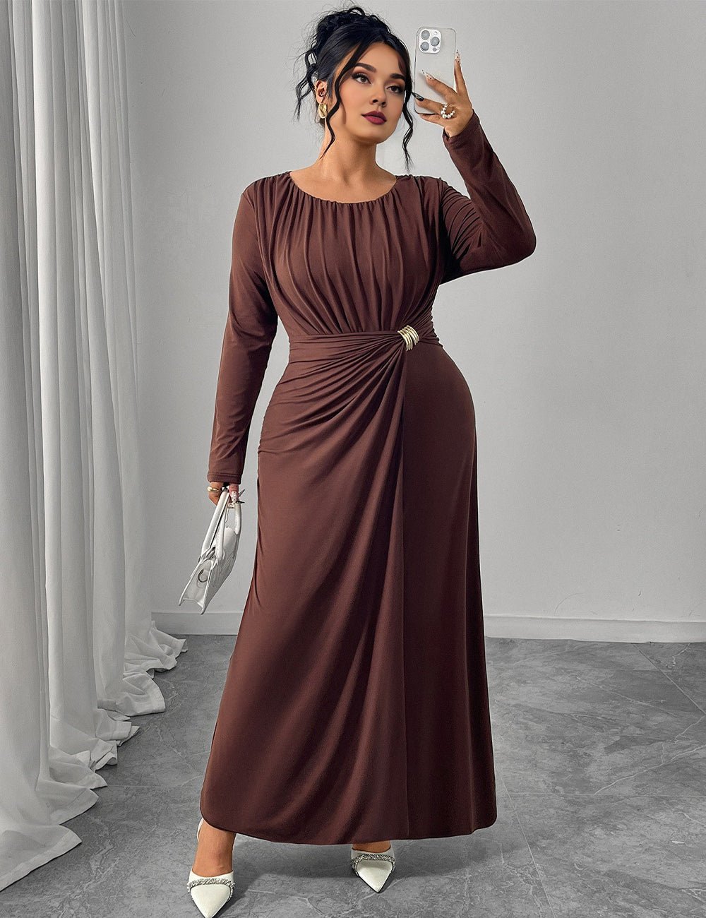 Women Plus Size Brown Twist Ruched Maxi Dress - PRUSES