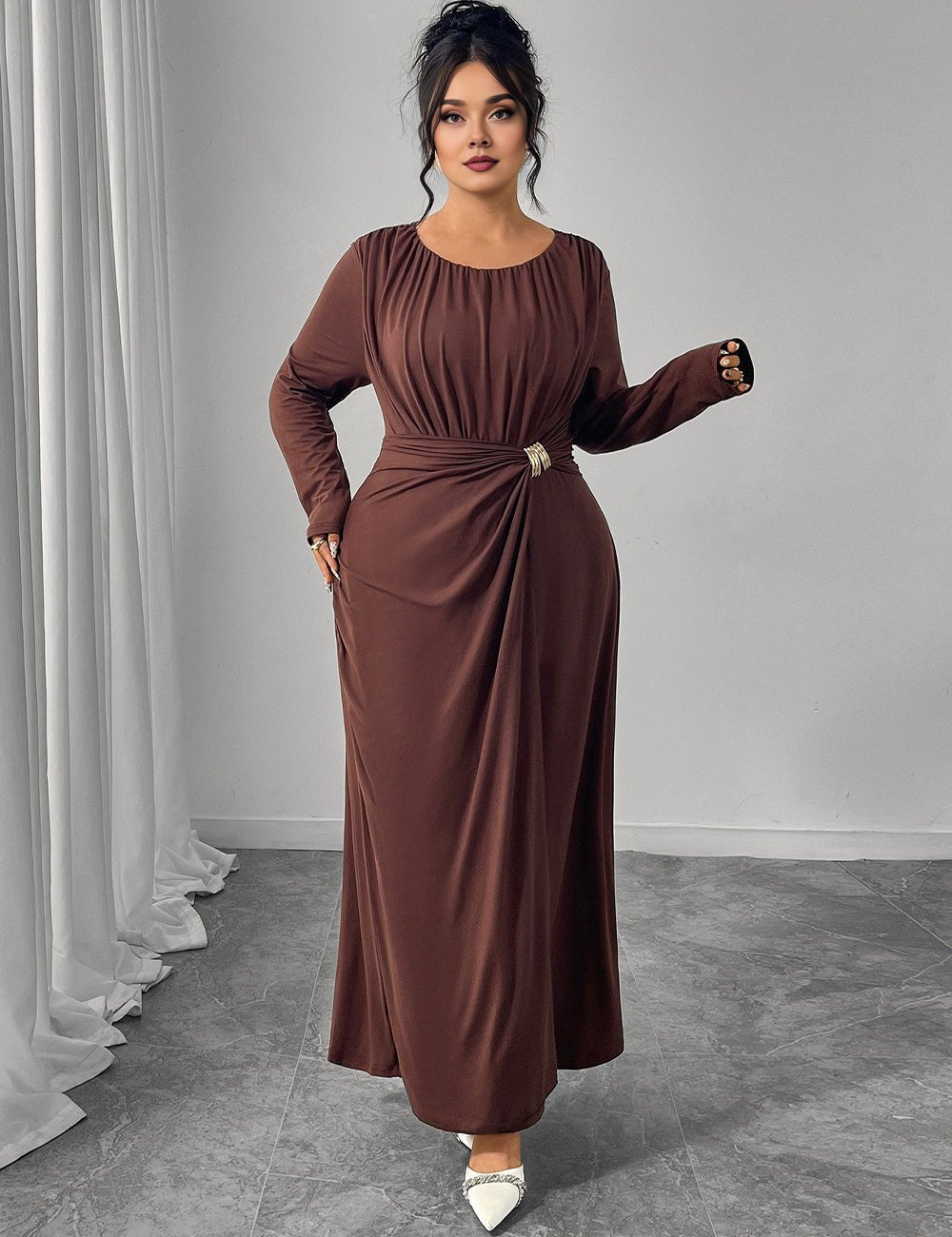 Women Plus Size Brown Twist Ruched Maxi Dress - PRUSES