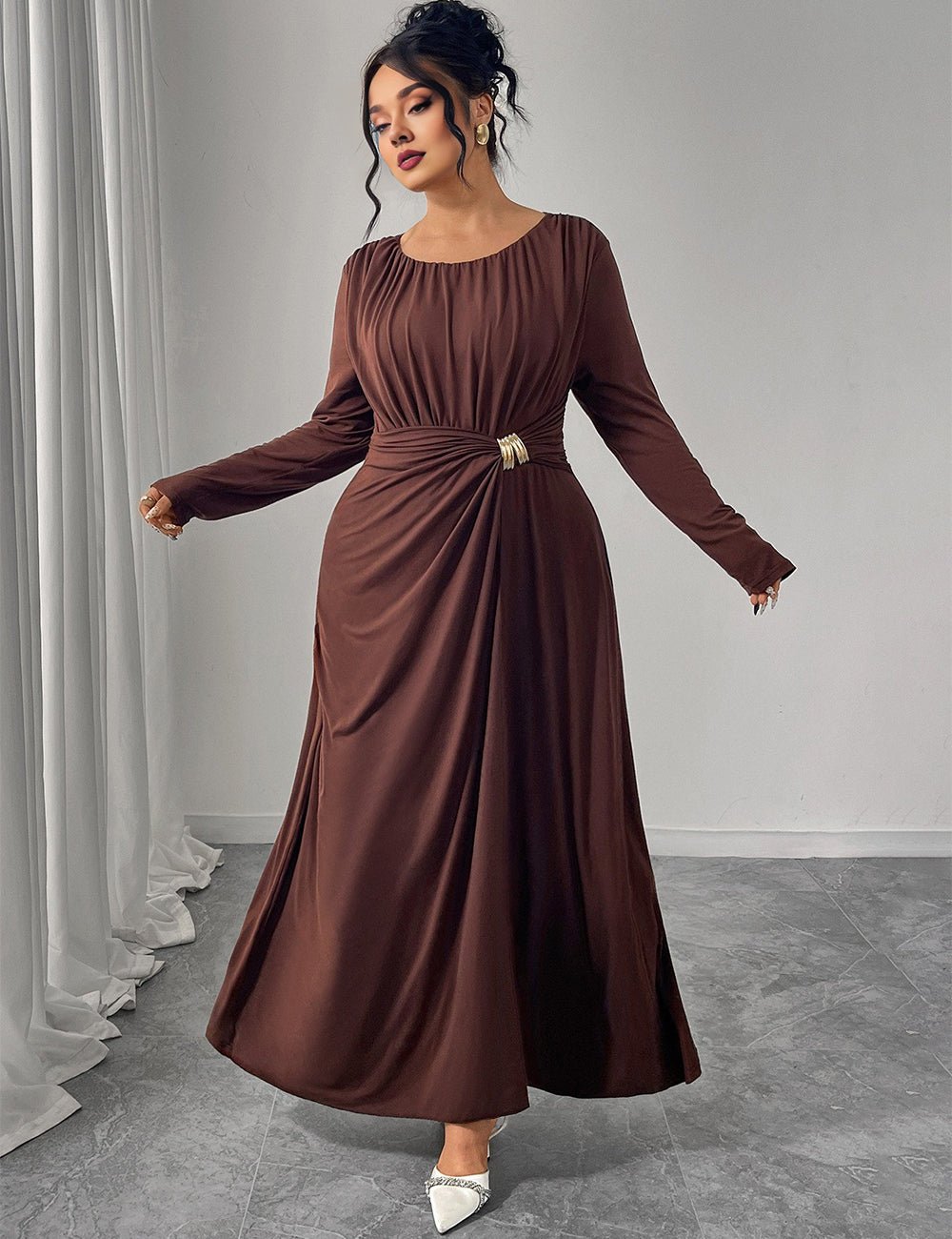 Women Plus Size Brown Twist Ruched Maxi Dress - PRUSES