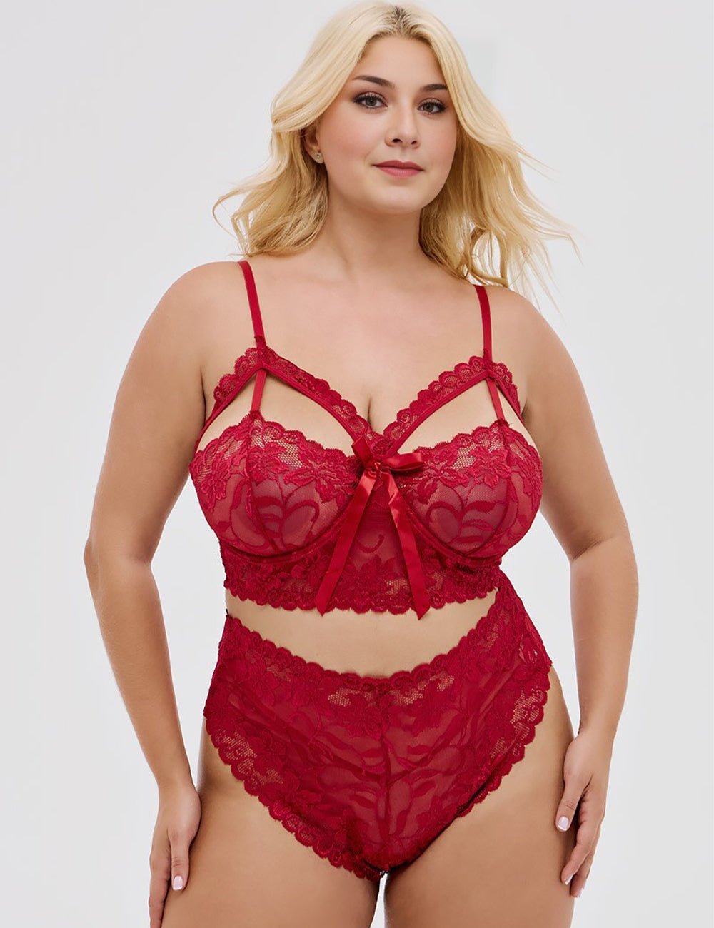 Women Plus Size Burgundy Lace Bra Set - PRUSES