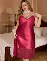 Women Plus Size Burgundy Lace Trim Long Nightgown