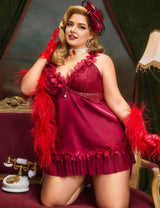 Women's Plus Size Burgundy Ruffle Trim Lace Babydoll