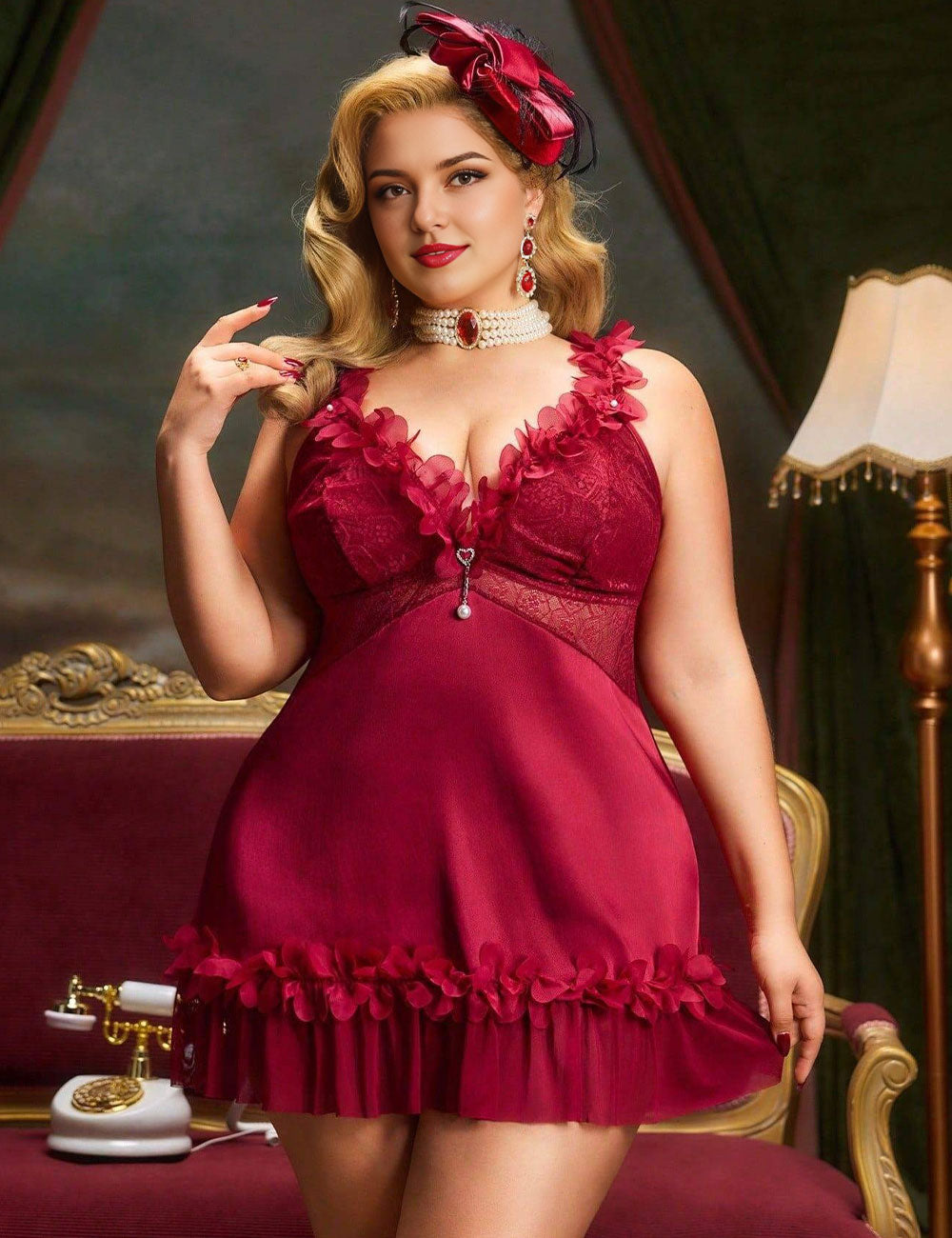 Women's Plus Size Burgundy Ruffle Trim Lace Babydoll