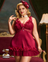 Women's Plus Size Burgundy Ruffle Trim Lace Babydoll