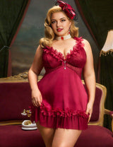 Women's Plus Size Burgundy Ruffle Trim Lace Babydoll