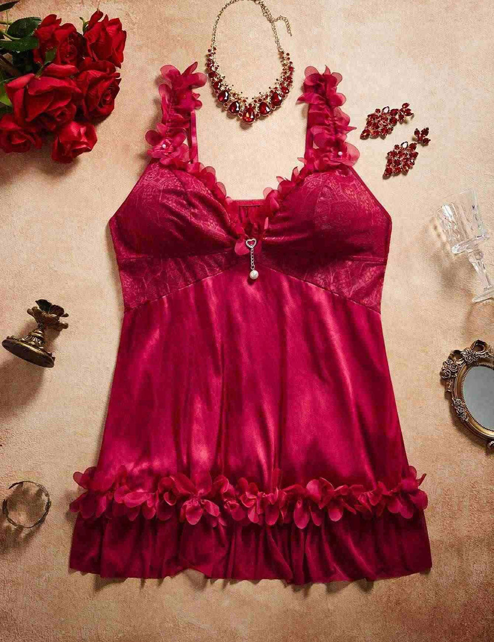 Women's Plus Size Burgundy Ruffle Trim Lace Babydoll