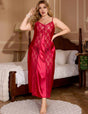 Women Plus Size Burgundy Satin Lace Panel Maxi Nightgown