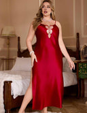 Women Plus Size Burgundy Silky Satin Hollow-Out Side Slit Nightgown