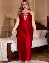 Plus Size Burgundy Silky Satin Hollow-Out  Nightgown
