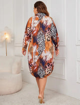 Women Plus Size Casual Leopard Print Polo Collar Dress - PRUSES