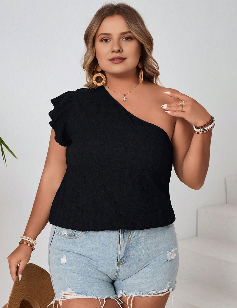 Women Plus Size Casual One - Shoulder Cap Sleeve Blouse | PRUSES - PRUSES