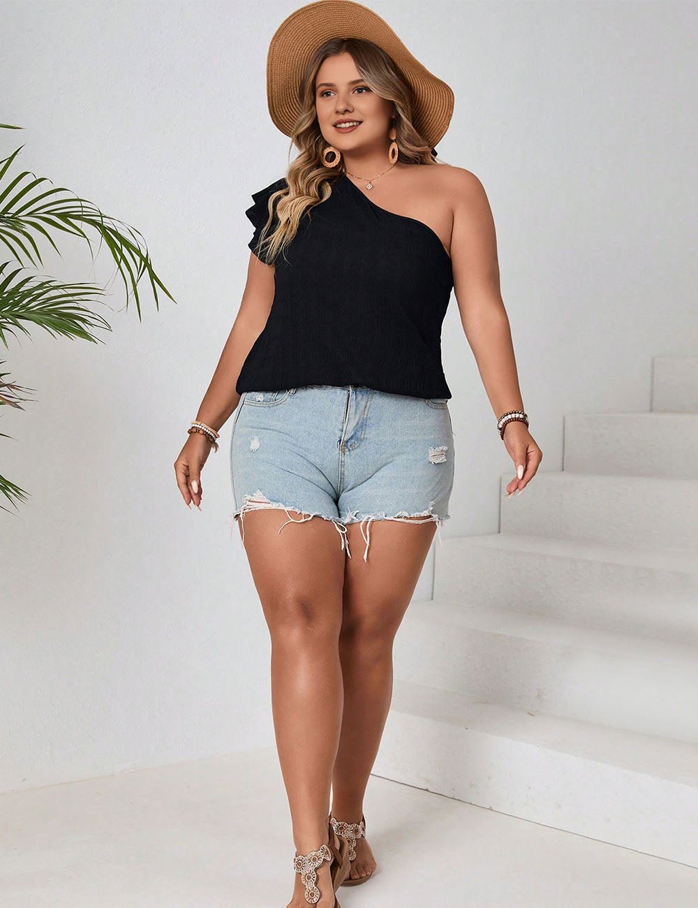 Women Plus Size Casual One - Shoulder Cap Sleeve Blouse | PRUSES - PRUSES