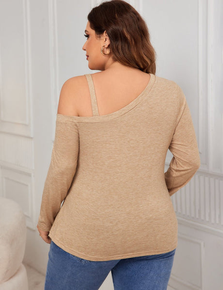Women Plus Size Casual One Shoulder Long Sleeve Top - PRUSES