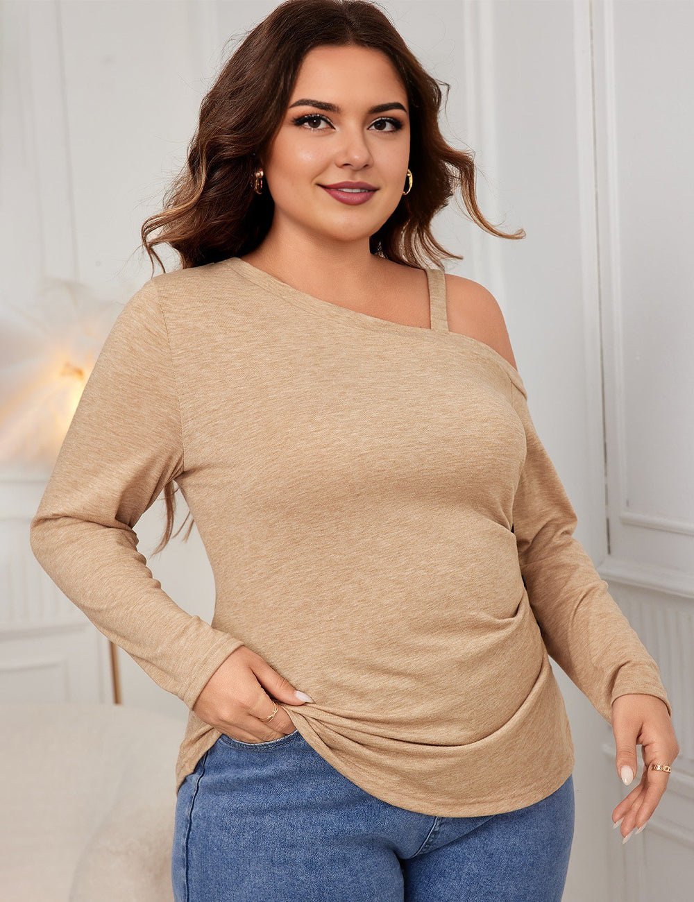 Women Plus Size Casual One Shoulder Long Sleeve Top - PRUSES
