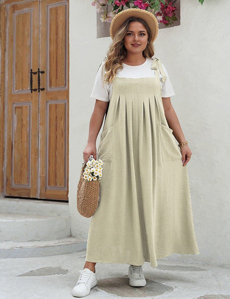 Women Plus Size Casual Solid Color Pleated Long Camisole Dress | PRUSES - PRUSES