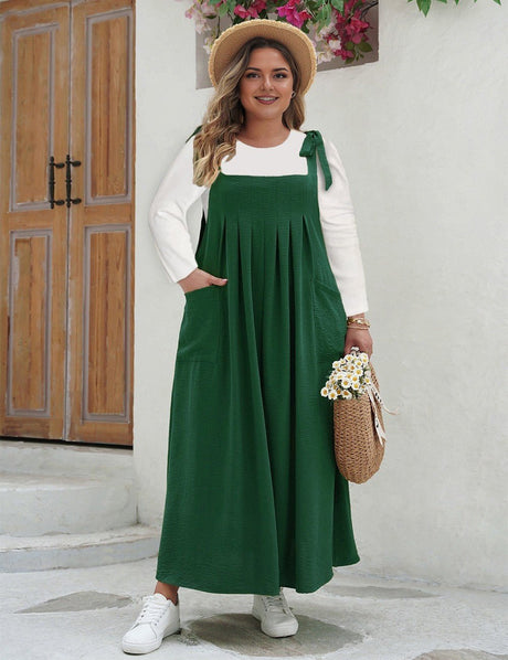 Women Plus Size Casual Solid Color Pleated Long Camisole Dress | PRUSES - PRUSES