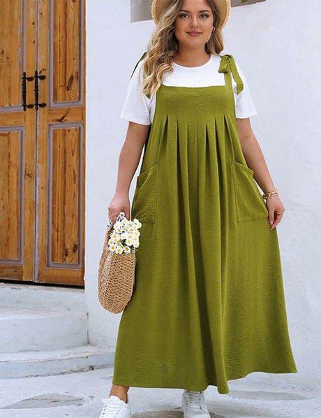 Women Plus Size Casual Solid Color Pleated Long Camisole Dress | PRUSES - PRUSES