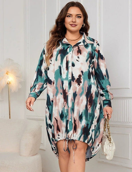 Women Plus Size Casual Tie - Dye Polo Collar Dress - PRUSES