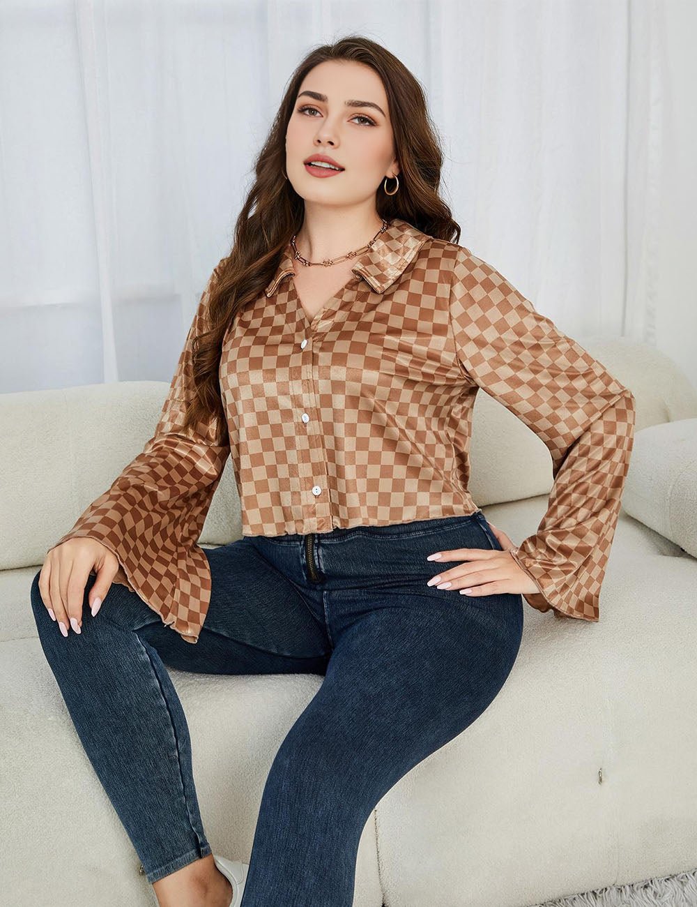 Women Plus Size Checkered Johnny Collar Flare Sleeve Shirt | PRUSES - PRUSES