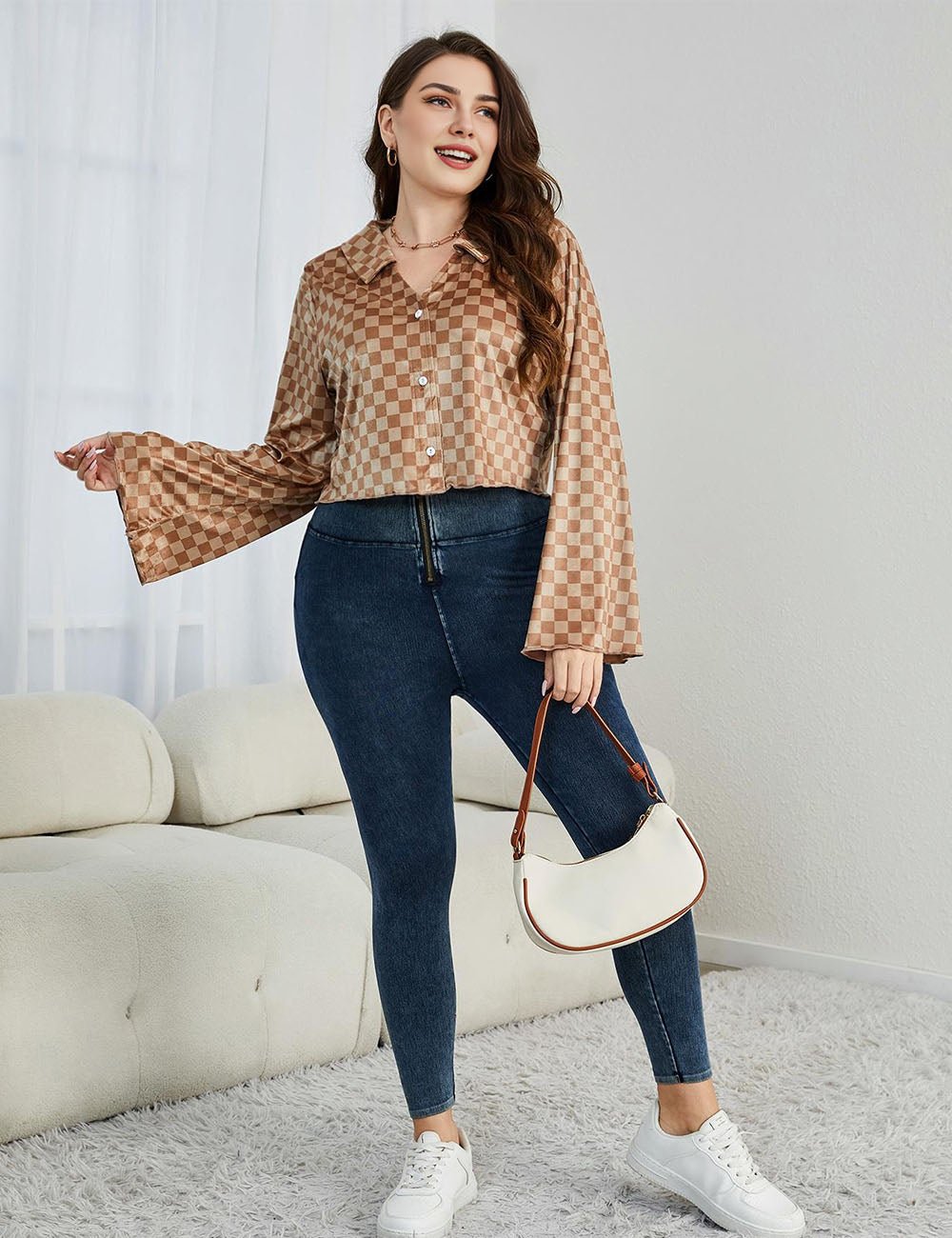 Women Plus Size Checkered Johnny Collar Flare Sleeve Shirt | PRUSES - PRUSES